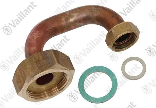 Vaillant Rohr mit gebogenem Abschnitt, einer Mutter und zwei Dichtungen. Das Produkt dient zur Verbindung innerhalb eines Pumpensets.